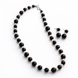Jay King 30” Onyx and Freshwater Pearl Necklace and Earrings Sterling Silver